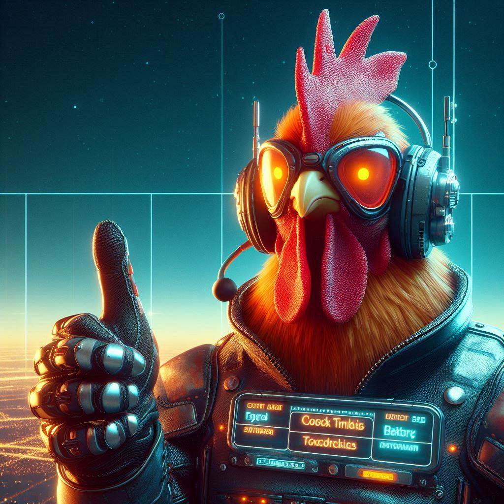 AI-generated chicken coding at a computer