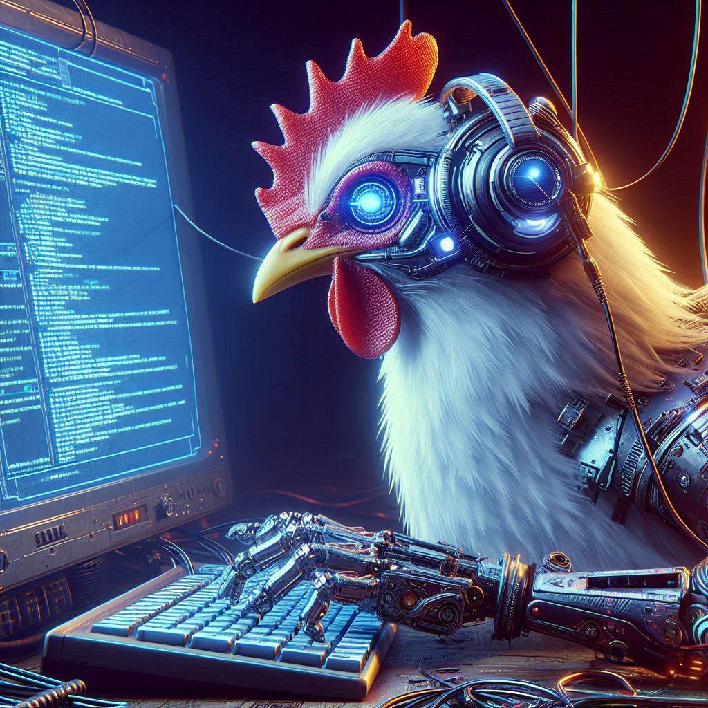 AI-generated chicken in a tech startup office